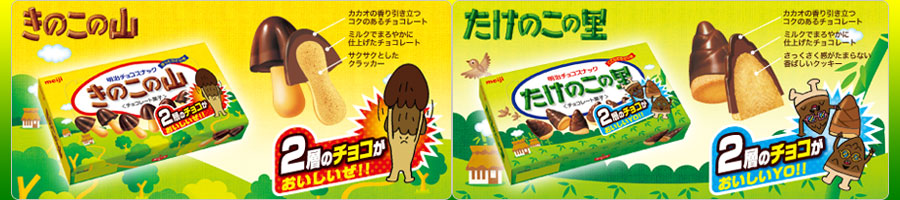 30年以上も愛され続けている明治のチョコレート菓子「きのこの山」と「たけのこの里」このどちらがおいしいかを、人々は激しく議論し、ついには戦後最大の戦争と呼ばれるようになった。この果てしなく続くい争いについに終止符が？